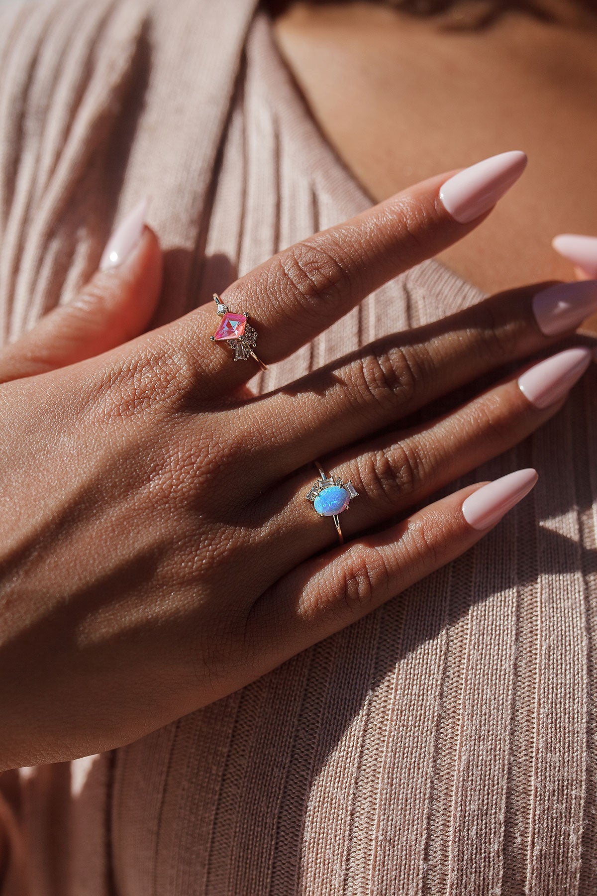 Gold Artistic Ring Featuring a Simulated Blue Opal Crystal